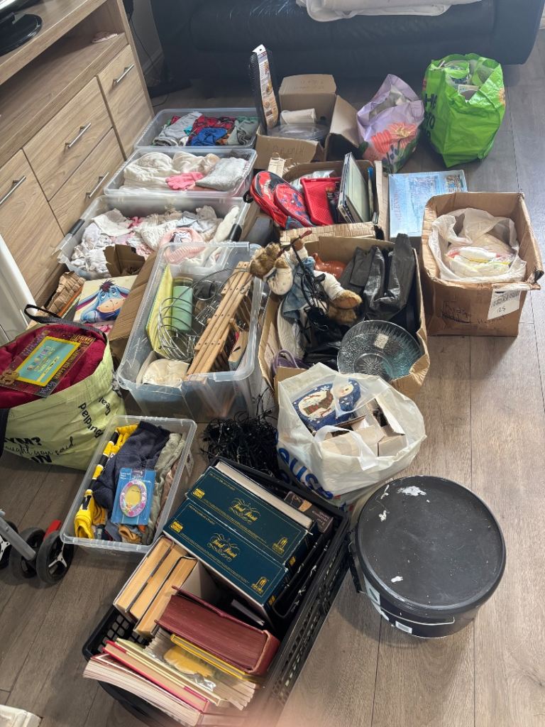 Two Clear Tubs of Mixed Clothes and Small Items - Joblot