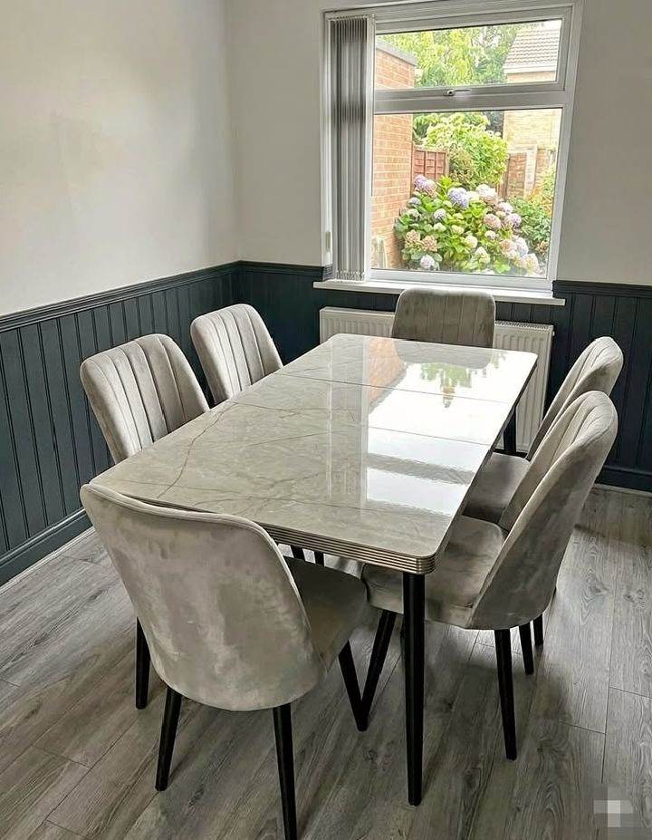 Modern Grey Dining Table with 6 Velvet Chairs – Brand New Dining n