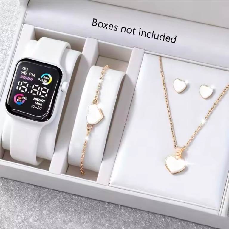  A trendy 6‑piece collection with an electronic watch, necklace, earrings, and rings