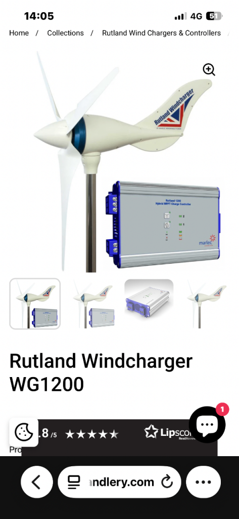 RUTLAND 1200 turbine complete system, support poles, controller, 460 W solar panel, remote 