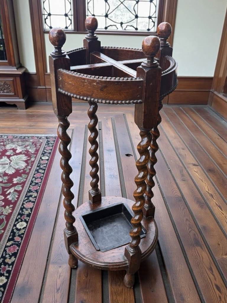 Antique Irish Round Oak Barley Twist stick stand & original liner MINT stately home furniture sign