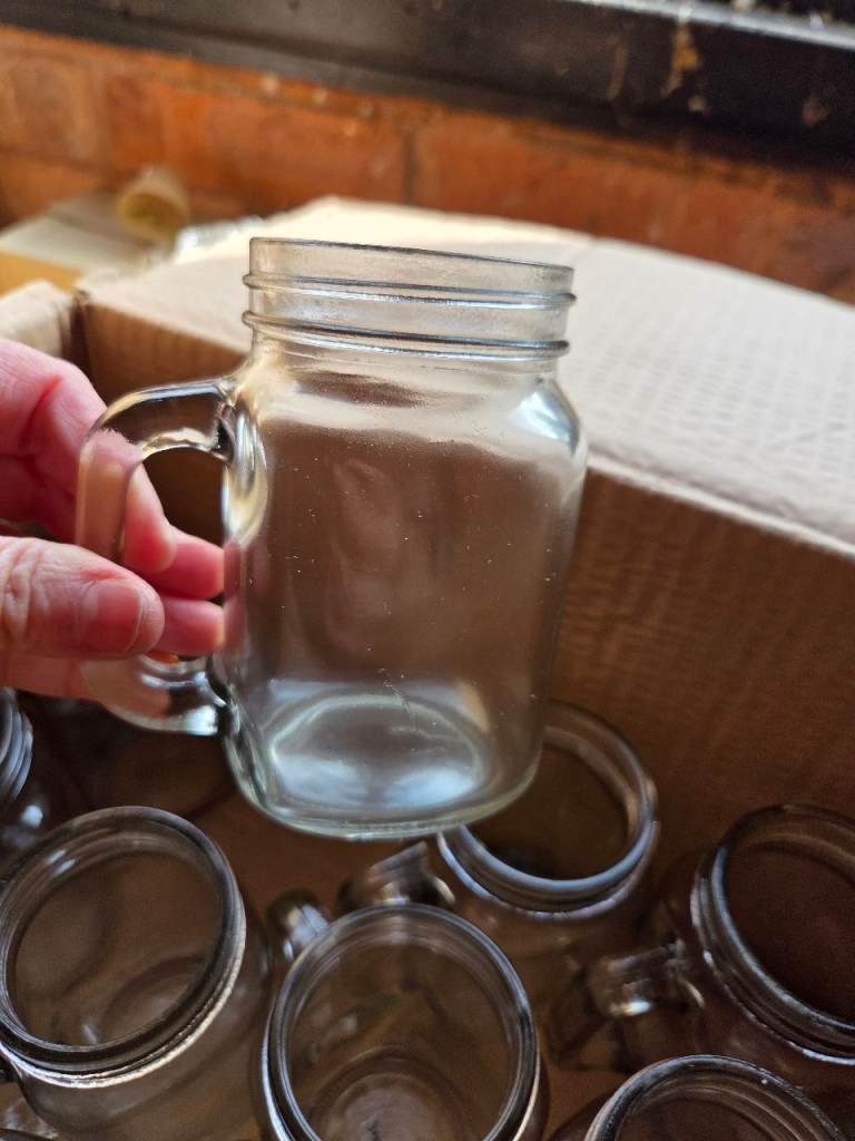 96 X New Unused Small Glass Mason Drink Jars Cups With Handles For Wedding Party