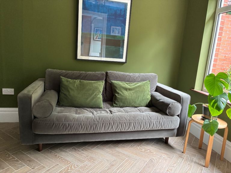 Comfortable Grey Velvet Sofa – Good Condition