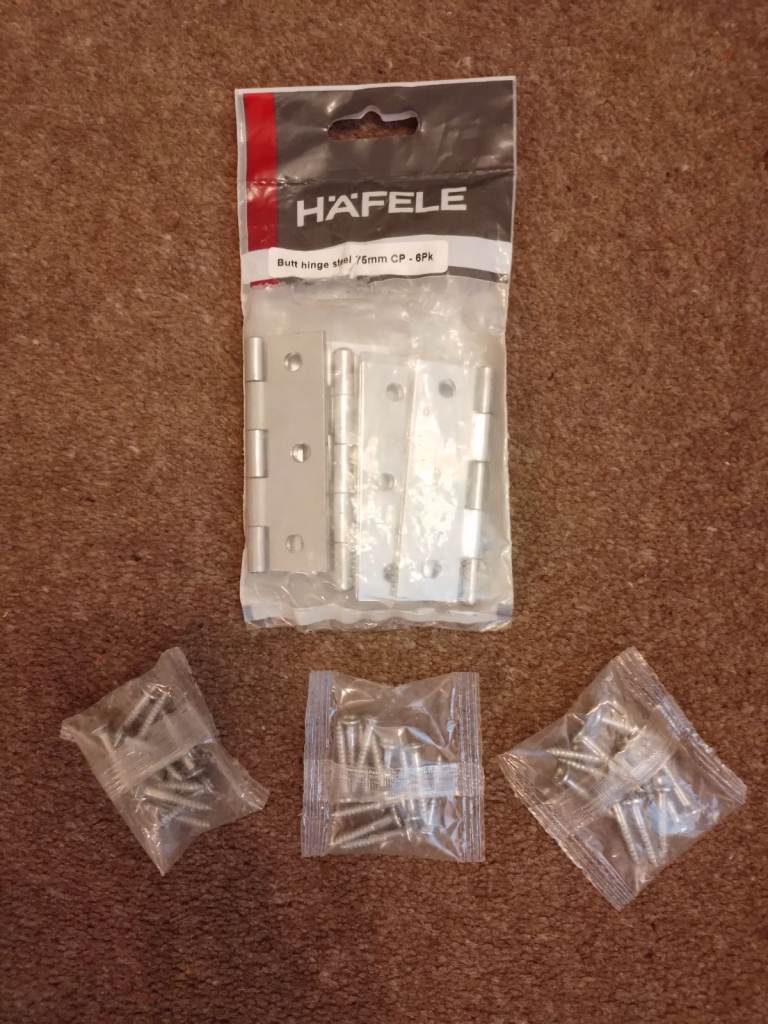 DOOR HINGES - Butt hinge steel - pk of 6 with screws, 75mm. Hafele. Chrome finish.