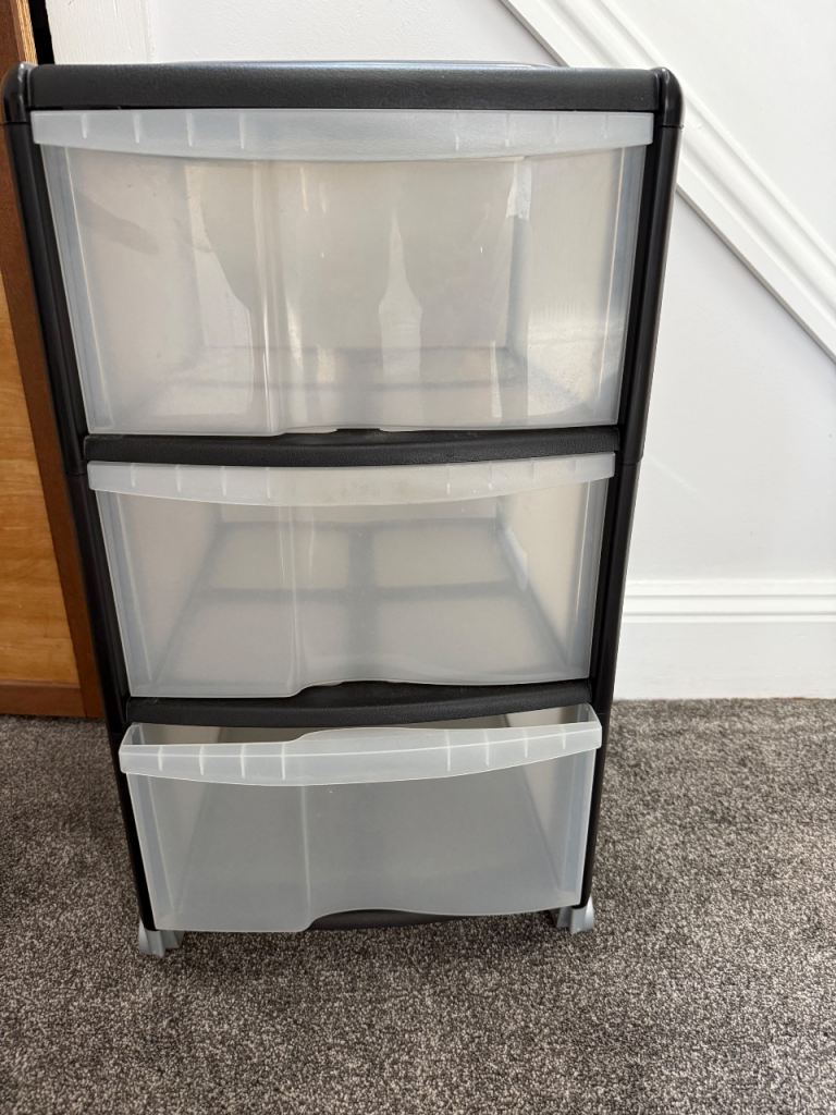 Black Plastic Storage Unit with 3 Clear Drawers – Good Condition