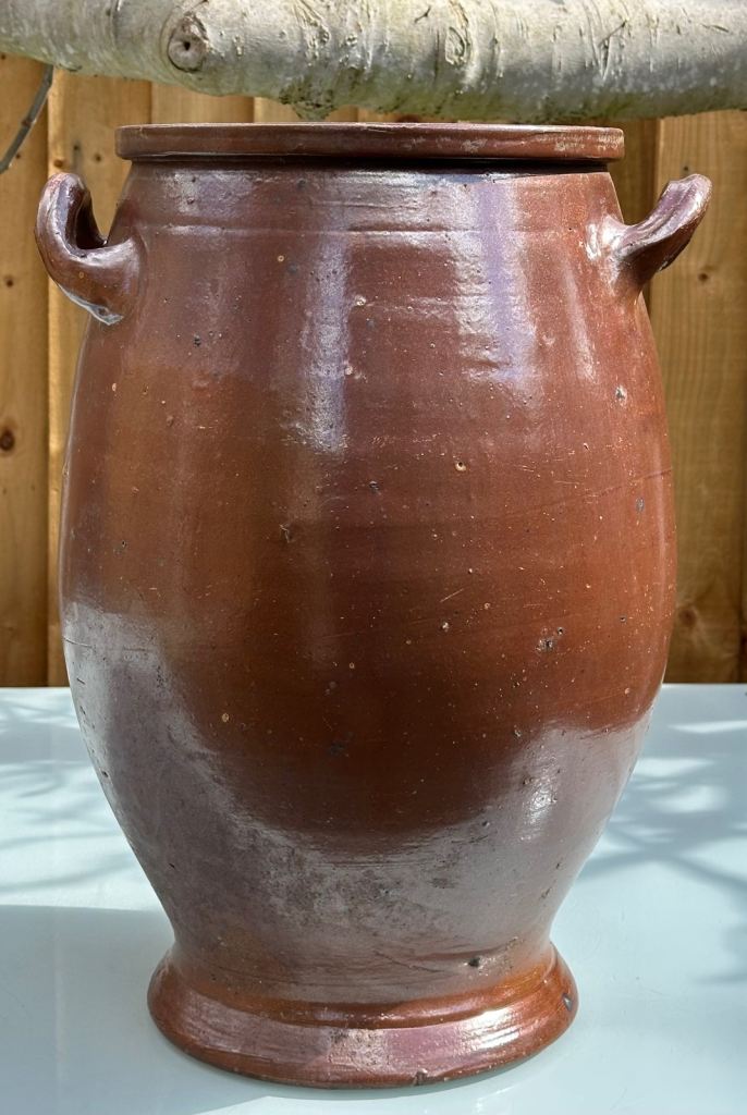 LARGE ANTIQUE FRENCH STONEWARE PLANTER URN, CONFIT JAR POT, SALTING JAR - H47cm 7.8kg - WILL POST!