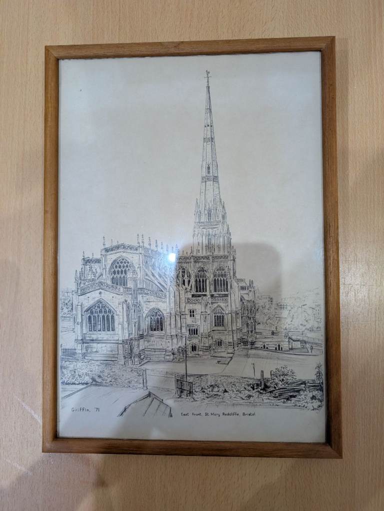 Framed glass fronted drawing of st Mary Radcliffe 