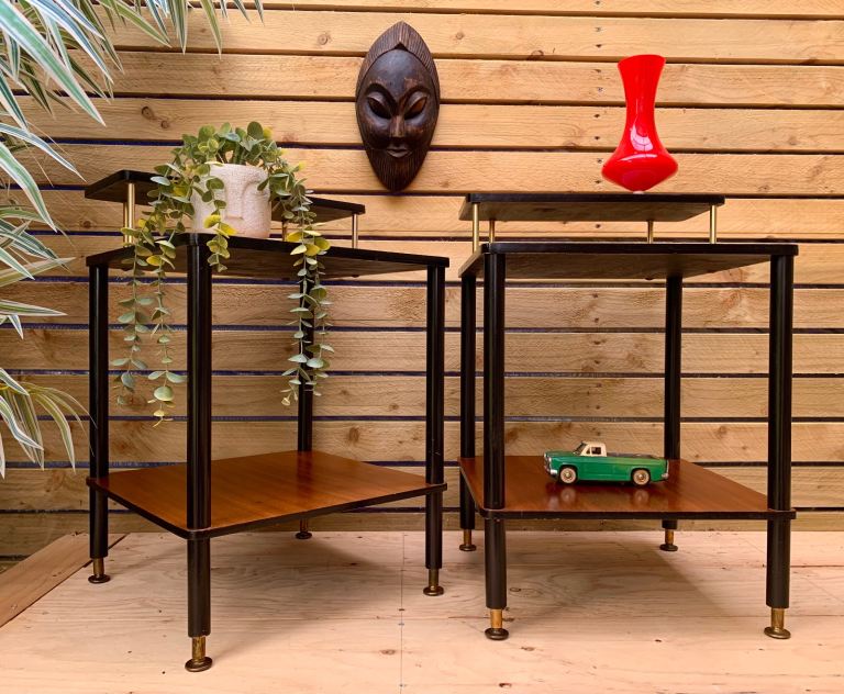 Pair of Vintage Mid Century Modern Teak & Ebonized Shelf Bedside Table Units 1950s