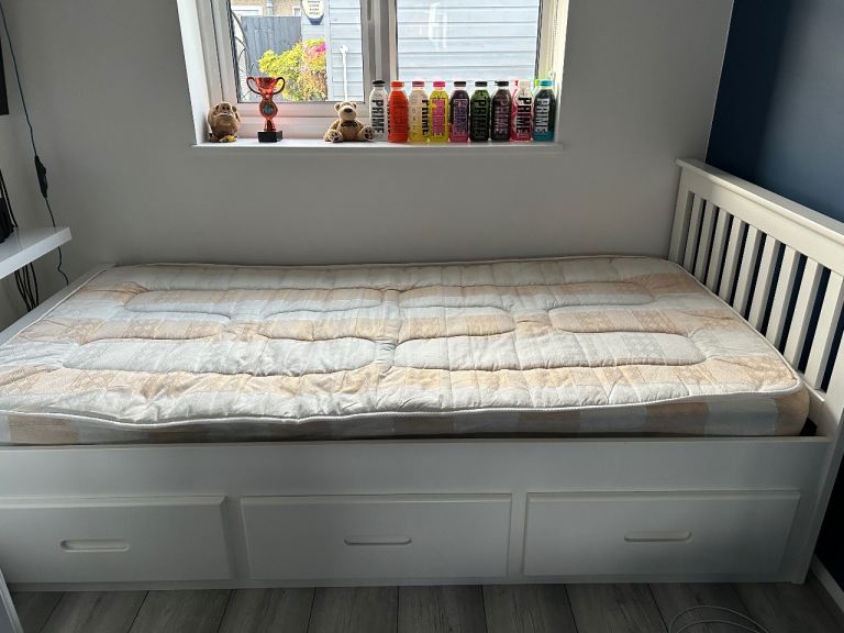 White Double Bed Frame with 3 Storage Drawers and Mattress