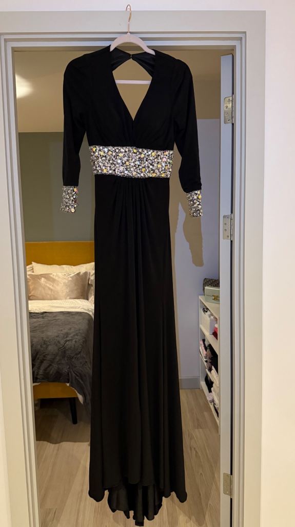 Black Evening Gown with Embroidery Waist and Cuffs 