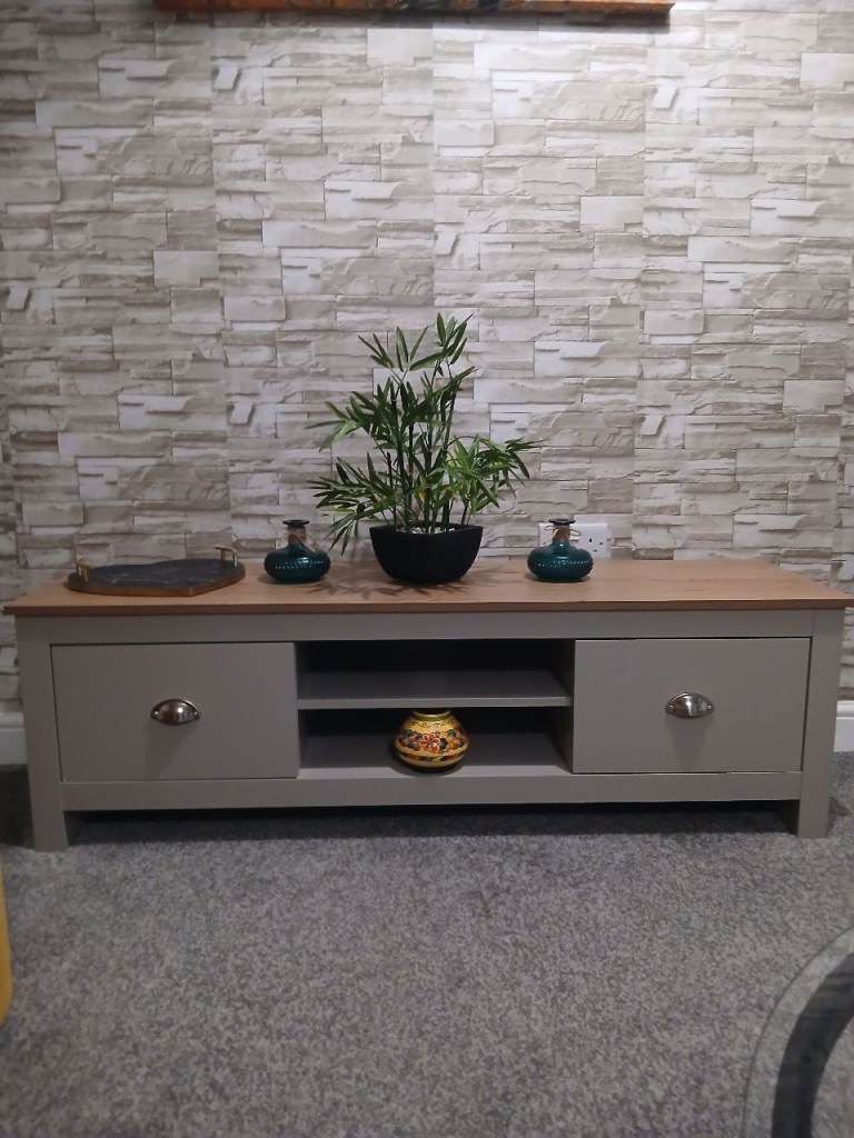 Grey TV Unit with Oak Top and 2 deep drawers 