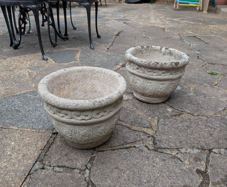 Pair of Stone Garden Planters – Grey, Good Condition