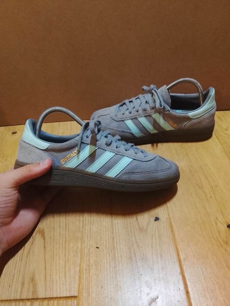 Adidas Spezial Trainers in Grey with Mint Green Stripes, UK Size 4