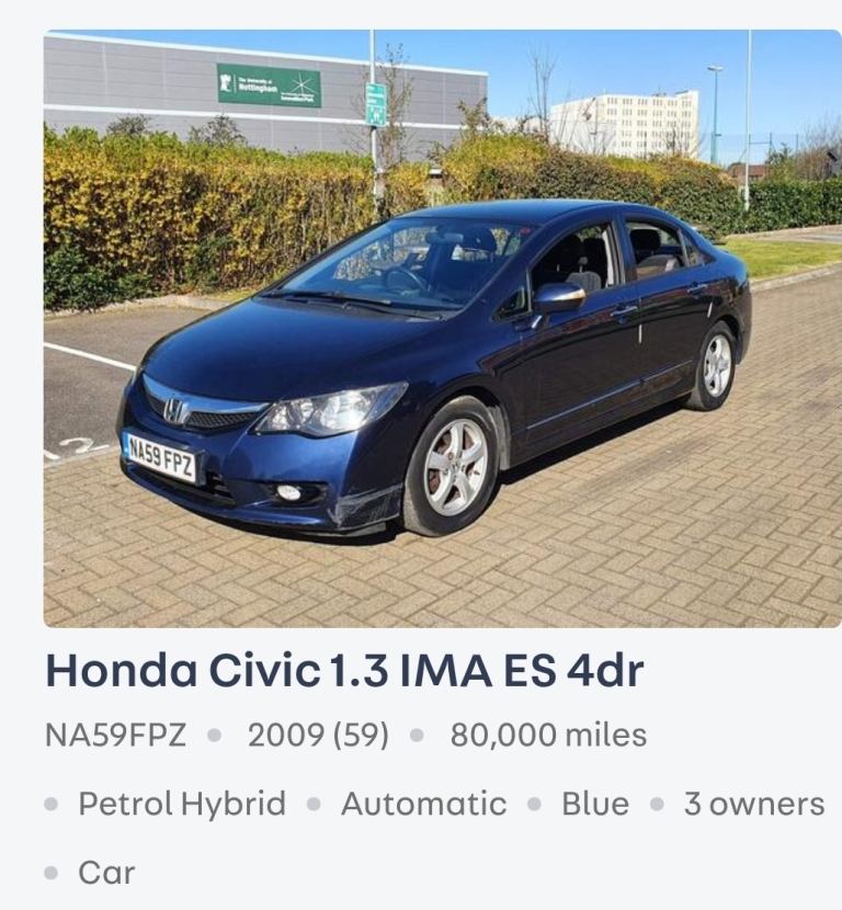 2009 Honda Civic 1.4 i-Dsi ES 4dr IMA CVT Auto 2009 SALOON Petrol/Electric Hybrid Automatic