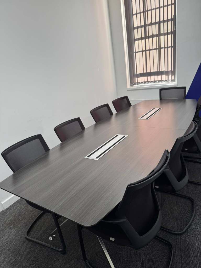 Pre-owned Office Boardroom Meeting Table Anthracite chrome Comms Boxes 304cm x 120xm
