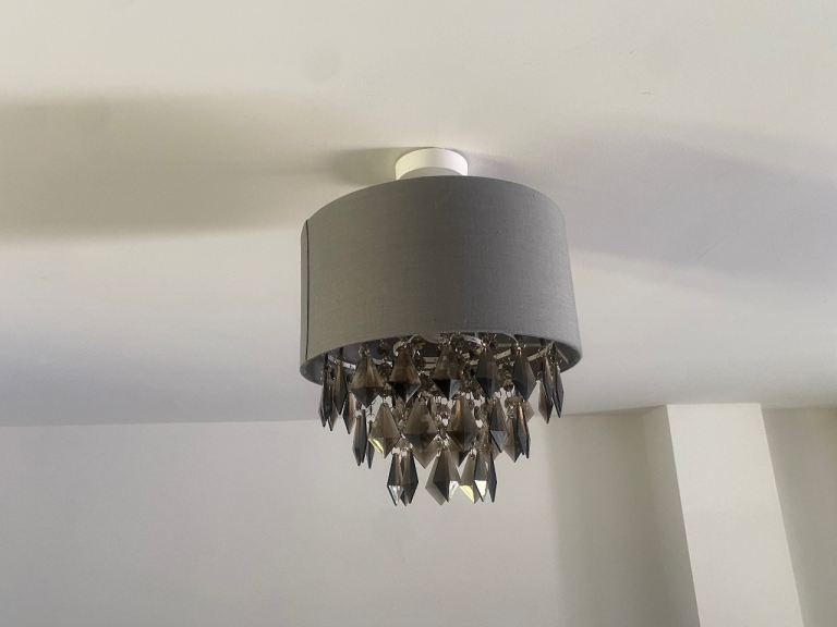 Grey Fabric Ceiling Light Shade with Crystal Droplets