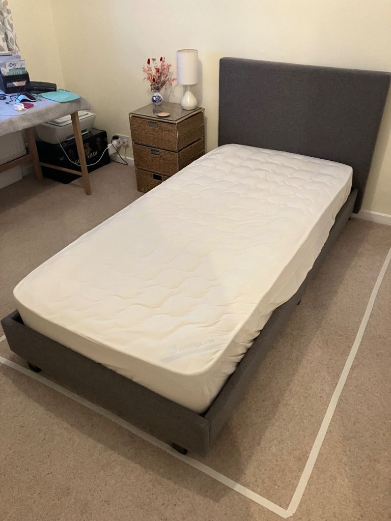 Single Bed with Mattress – Grey Fabric Frame, Good Condition