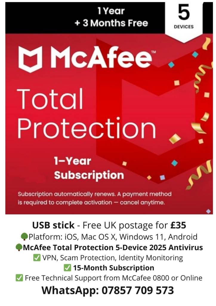 Antivirus - McAfee Total Protection 5-Device 2025 - USB drive - Free UK Postage