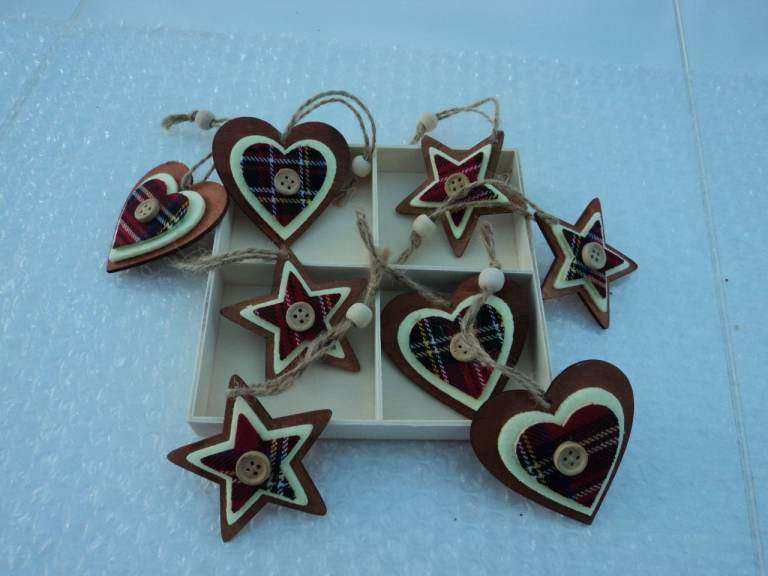 Christmas Wooden heart & star shaped tartan hanging ornaments. 