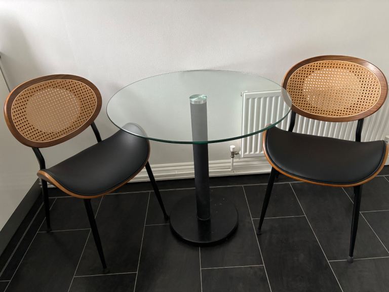 Glass Dining Table with 2 Rattan Back Chairs – Great Condition