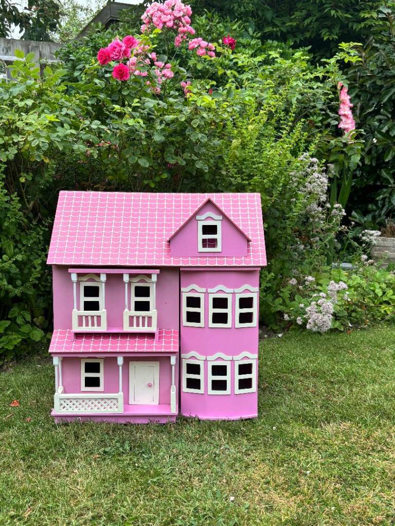 Large Pink Wooden Dolls House – Good Condition