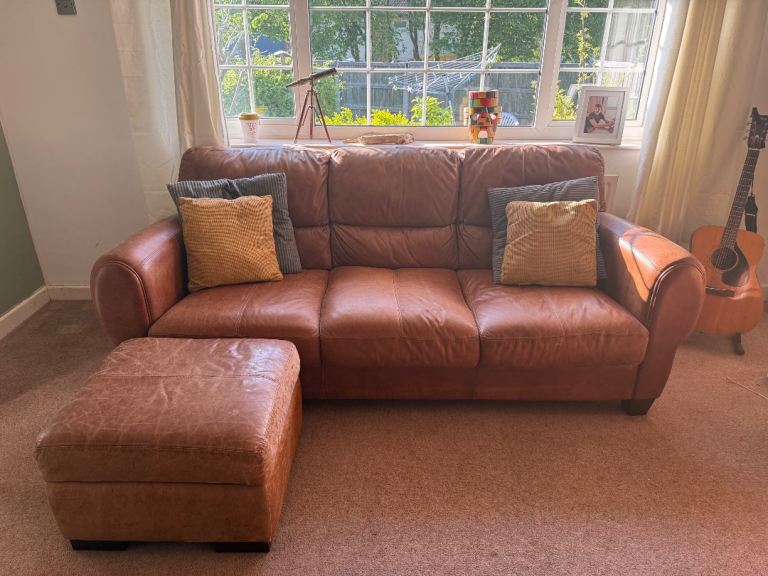 Tan Leather 3-Seater Sofa, Armchair, and Footstool Set