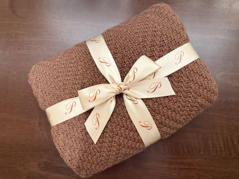New Organic Cotton Knit Baby Blanket – Brown with Ribbon