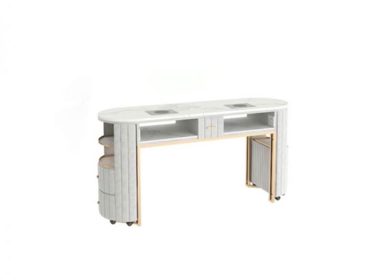 Modern White Nail Desk with Gold Accents – Salon Furniture