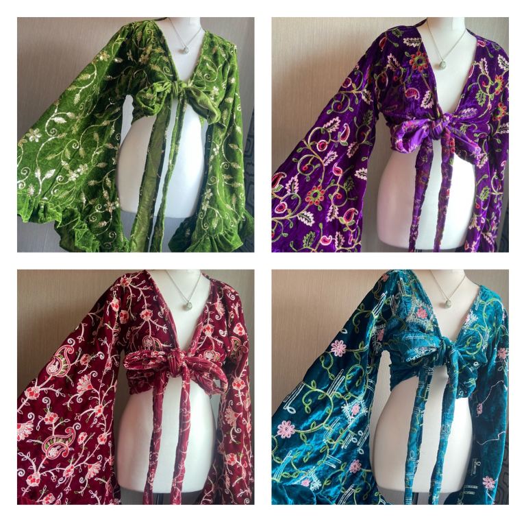 Deep purple velvet floral Embroidered bell flute sleeve tie wrap top hippy boho glasto