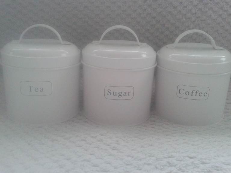NEW OFF WHITE TEA / COFFEE / TEA METAL CANNISTERS