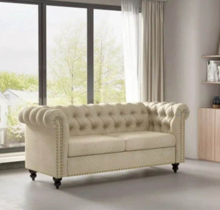 New 2 Seater Chesterfield Style Button Back Sofa Linen Fabric Large Couch Beige 