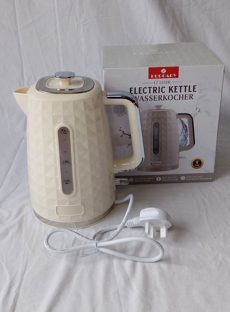 NEW Electric Kettle 1.7L, 1850W, Auto Shut Off, Portable, Water Indicator, Cream, 0.8kg, Ergonomic 
