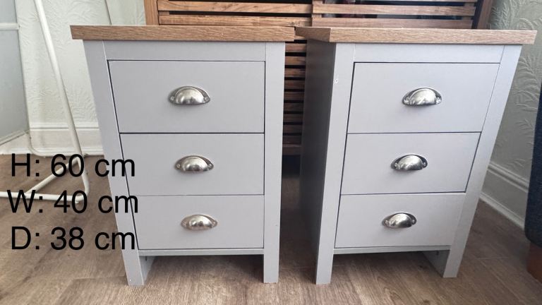 Pair of Grey Bedside Tables with Wooden Tops – 3 Drawers