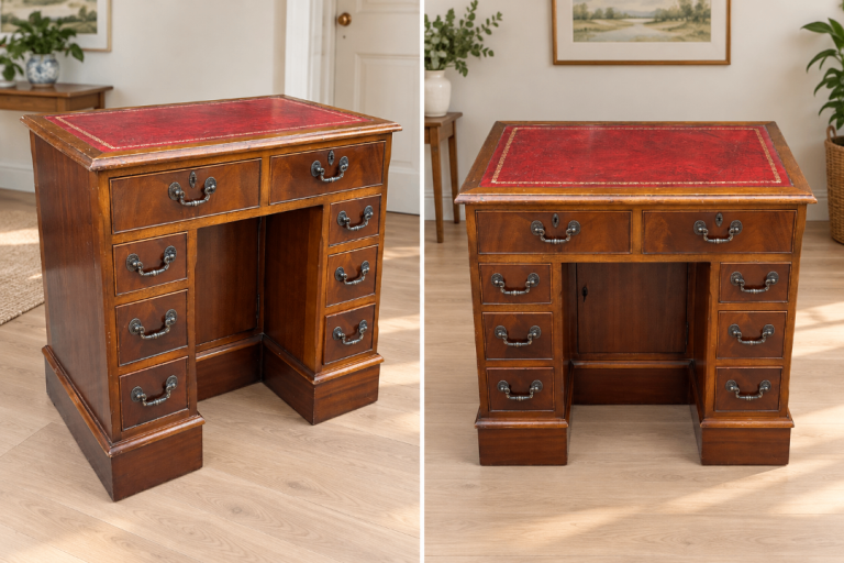 Stunning antique style compact Mahogany Kneehole Pedestal Desk with Red Leather