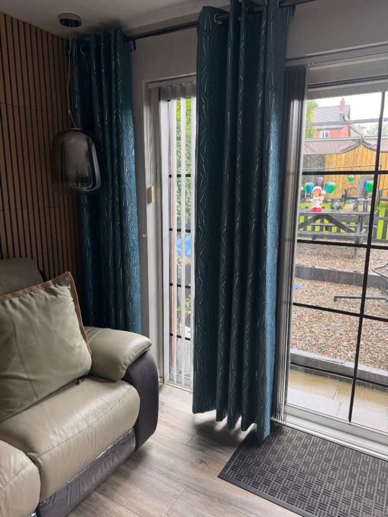 Pair of Teal Patterned Eyelet Curtains