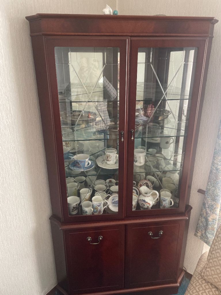 Lovely Corner Display Cabinet - Brown Wood with Glass Doors