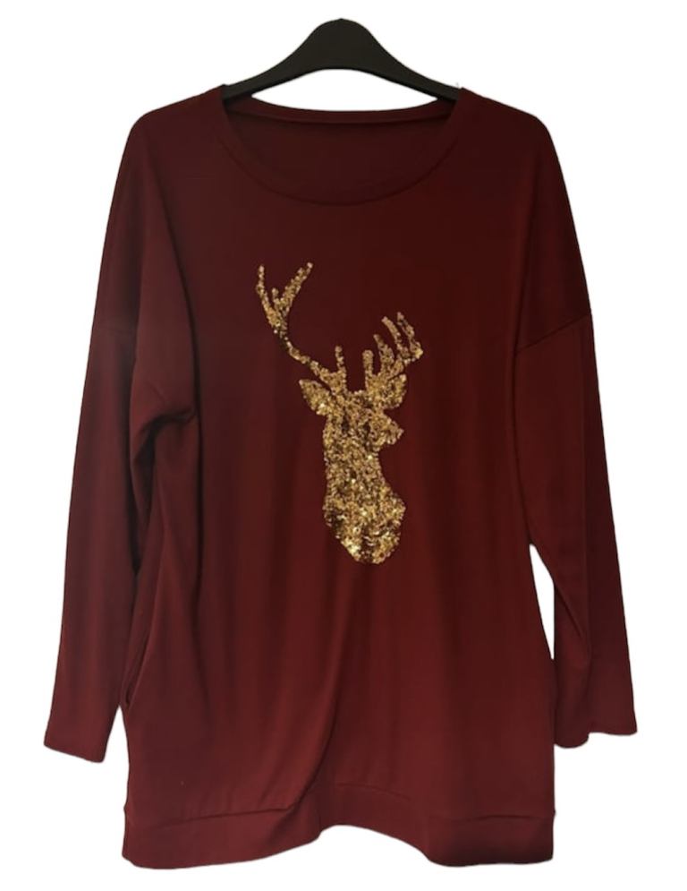 Stag Head Jumper Top with Gold Sparkle Size 14 to 16 