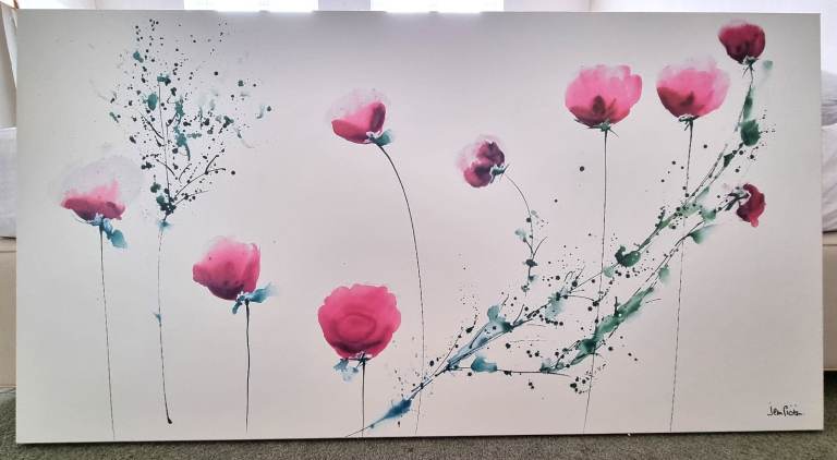 Jean Picton Large Floral Canvas Painting – Pink & Green Acrylic on Canvas