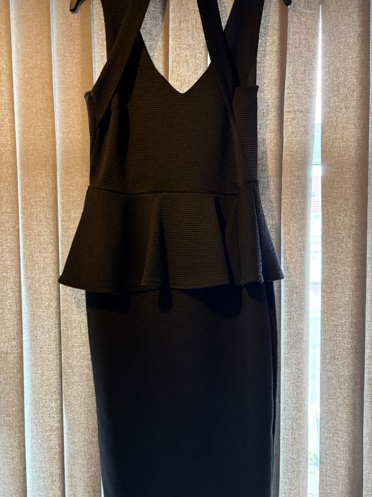 Boohoo Black Peplum Midi Dress – UK 14, Good Condition