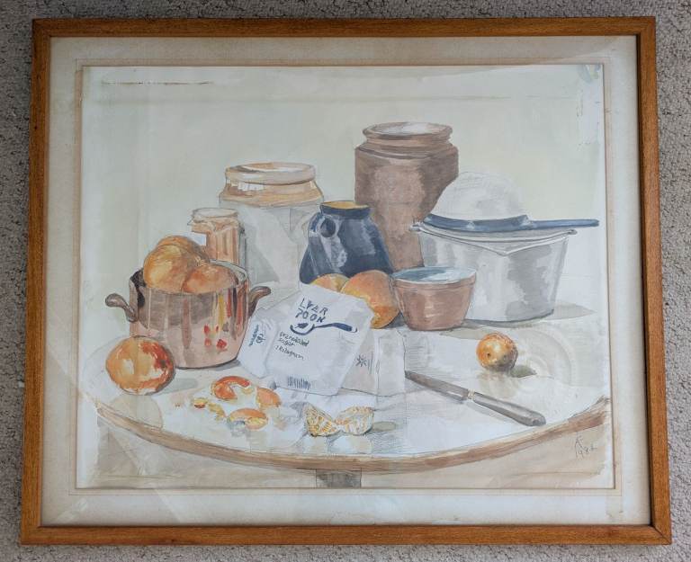 Large Vintage Kitchen Watercolour - framed and signed, and dated 1982
