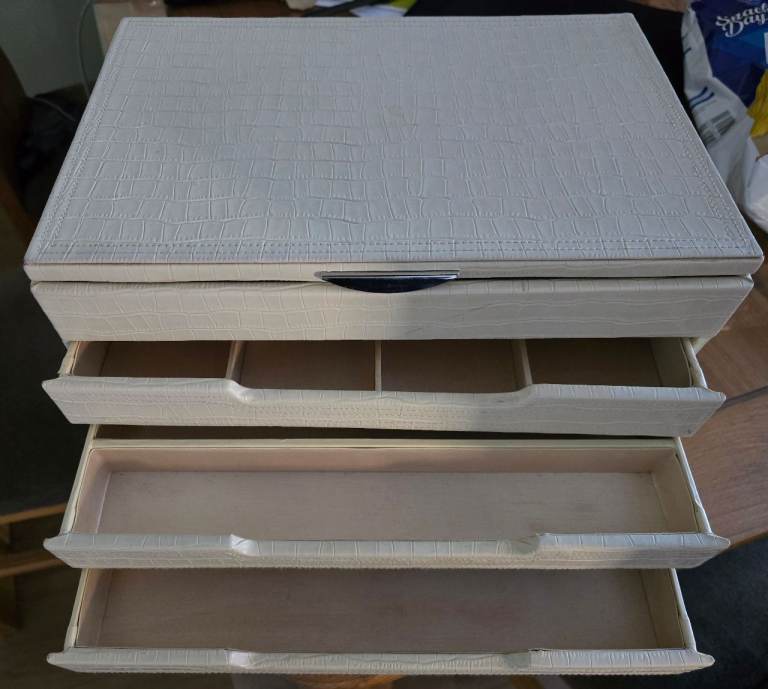 White Faux Leather Jewellery Box with Mirror and Drawers