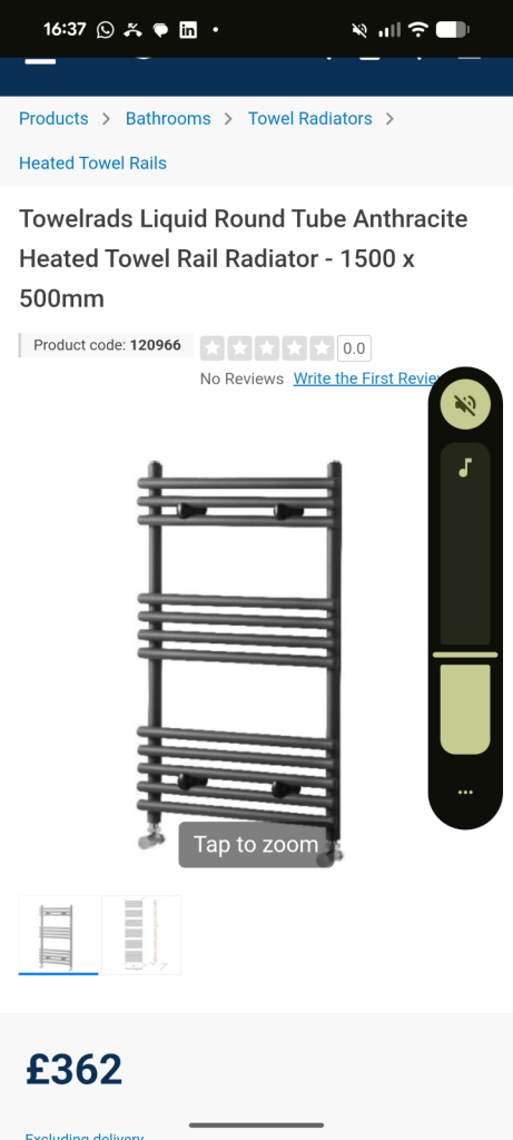Towelrads Liquid Round Tube Anthracite Heated Towel Rail Radiator - 1500 x 500mm