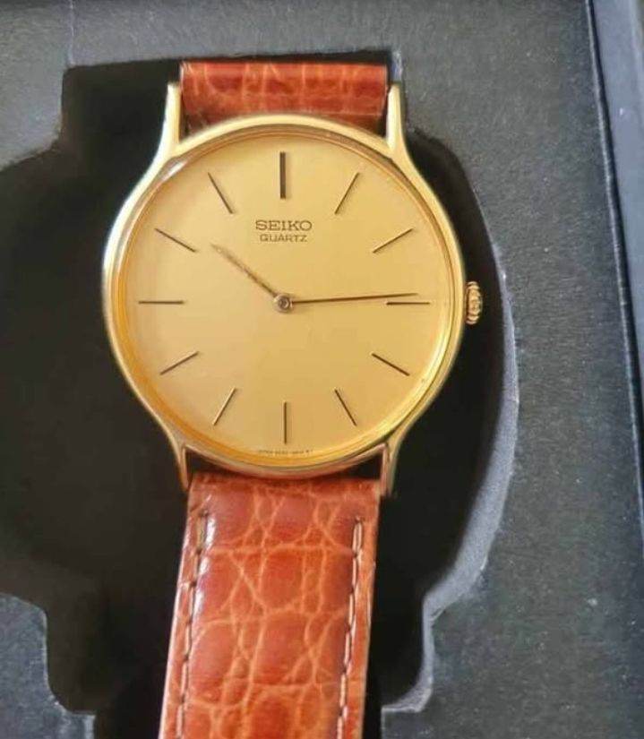 Seiko Quartz Gold Tone Watch with Brown Leather Strap