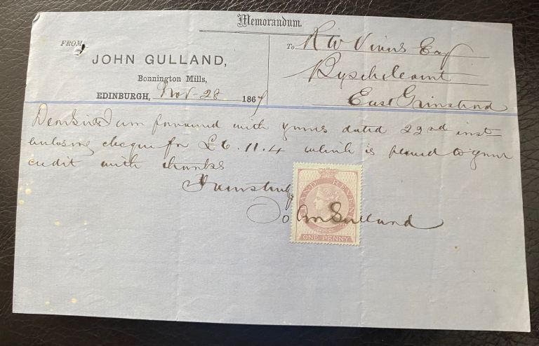 Rare 1867 John Gulland Memorandum with Original Stamp