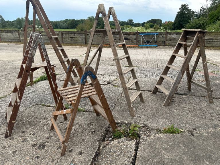 Vintage retro wooden step ladders folding in plant stand shop display x 5