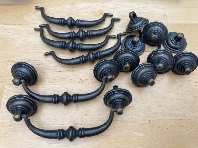 Drawer handles, black brass tint, metal, set of 6, 105mm fitting