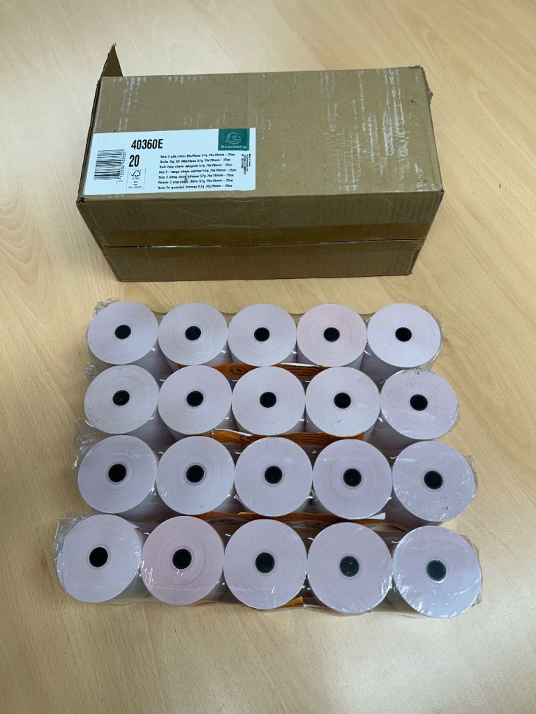 2 ply white/pink 76mm kitchen printer receipt rolls self copy paper box of 20 EPOS