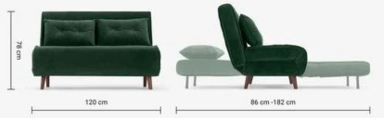 MADE Haru Small sofa bed, 2 seater green with 2 pillows
