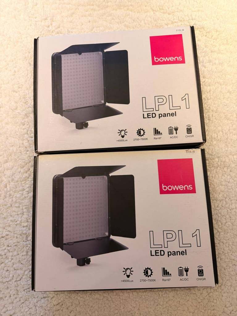 Pair of Bowens LPL1 LED Panel Lights with Power Cables – Professional Studio Video Lighting Set