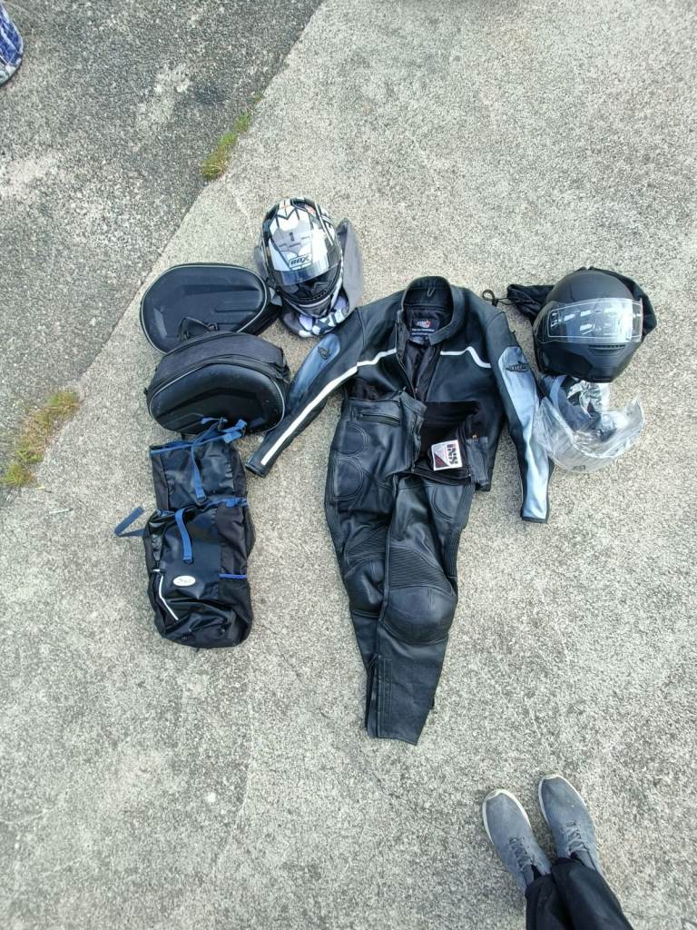 Leathers, lid and saddlebags